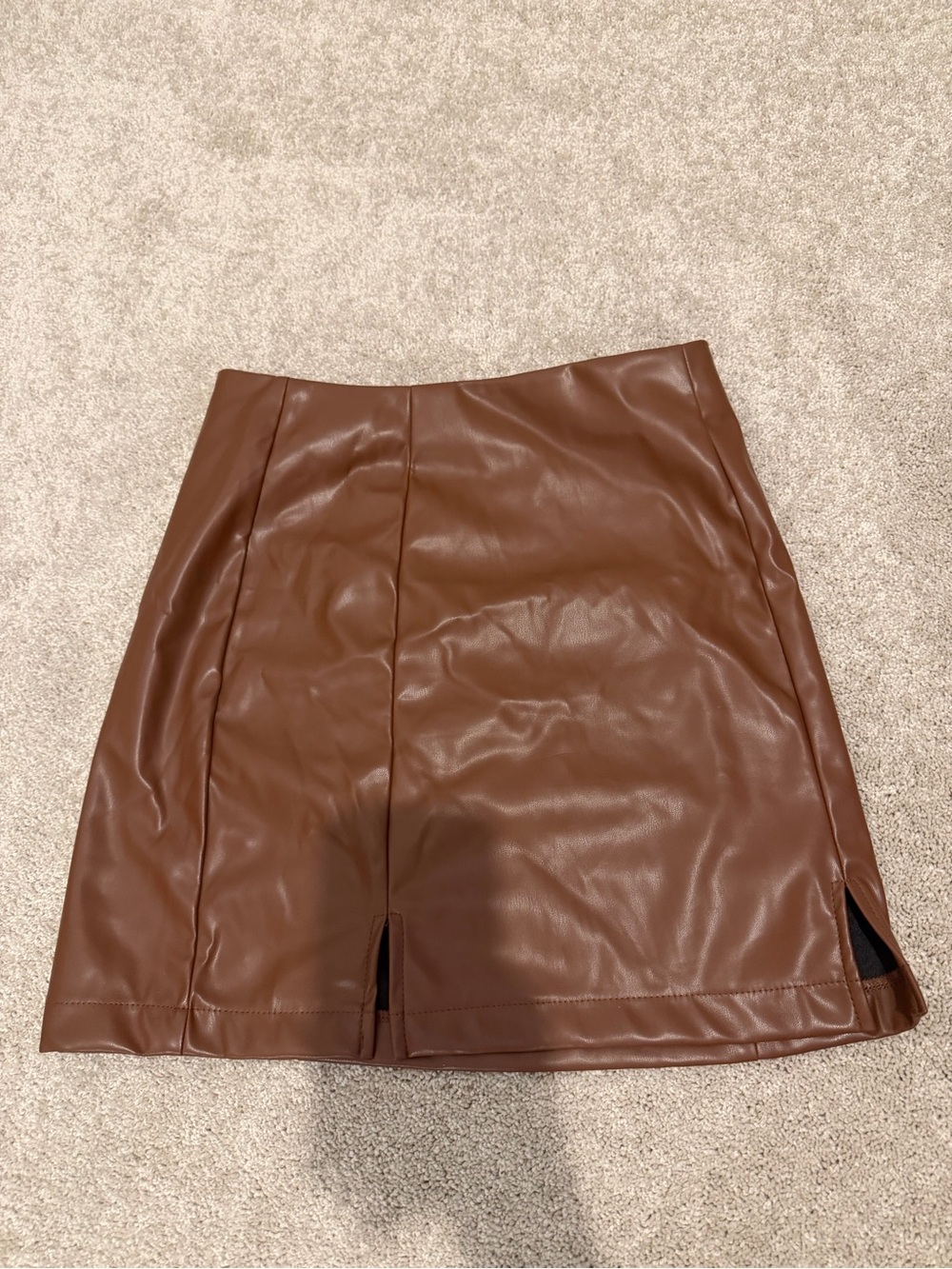 Francesca's Collections Brown Faux Leather Mini Skirt with Front Slits